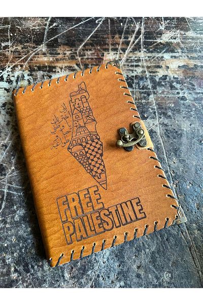 zarif atölye Palestine White Handmade Leather Notebook - Free Palestine Detailed Gift