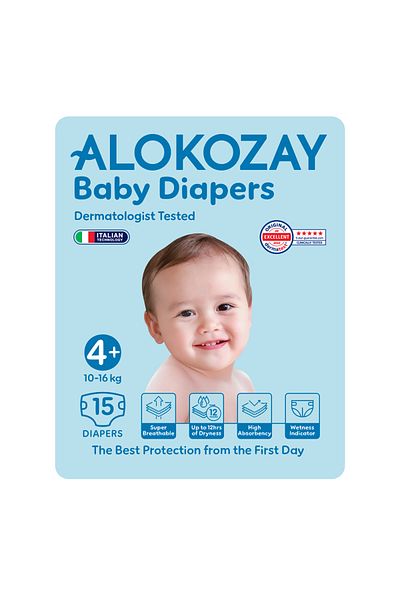 Alokozay Premium Baby Diapers - Size 4+ (10-16 Kg) - 15 Diapers