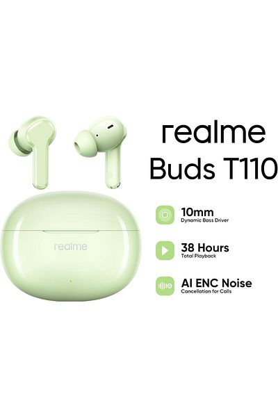 realme سماعات أذن لاسلكية Realme T110، بلوتوث 5.4، لون أخضر ريفي