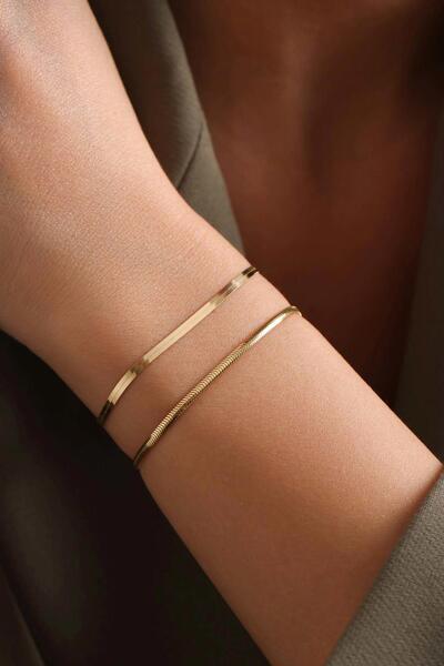 Bayar Gold 14 Ayar Altın Balıksırtı Ezme Kombin Bileklik