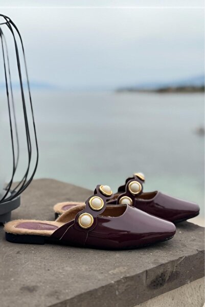 Melissa Boutique Women's Burgundy Patent Leather Pearl Detailed Soft Sole Ballerina Slippers