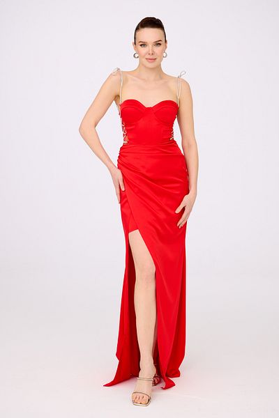 Carmen Red Satin Tied Long Evening Dress and Invitation Dress