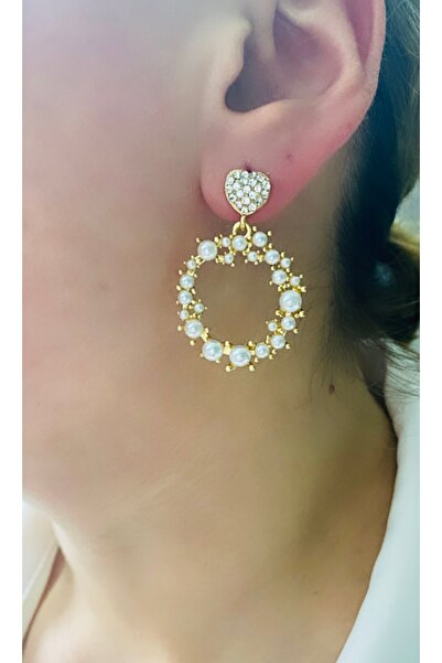 VNS Accessories Taşlı Kalp Detaylı İncili Daire Küpe (4 CM)