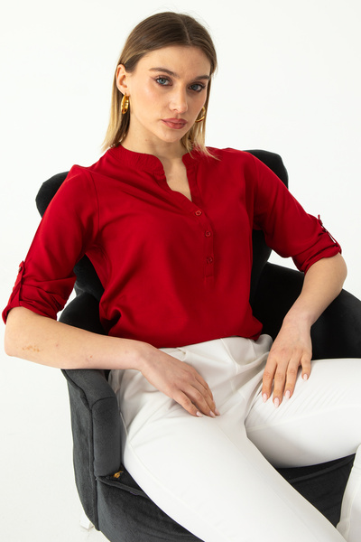 Butik Bordo Hakim Yaka Yarım Patlı Viskon Gömlek 1500064