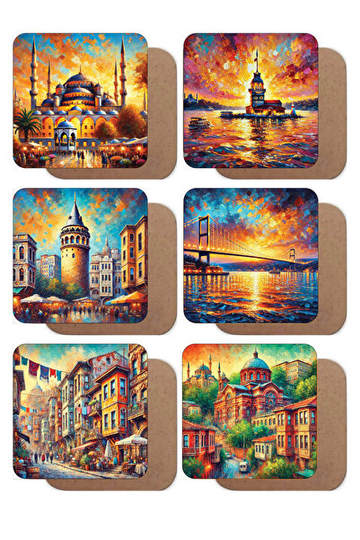 expreshediye İstanbul Temalı 6lı Ahşap Bardak Altlığı Seti, Eminönü, Kız Kule...
