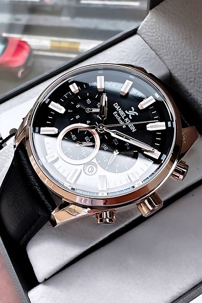 Daniel Klein Exclusive Men's Wristwatch 3 Atm Waterproof Black Leather Strap + Natural Stone Bracelet Wlg23