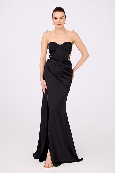 Carmen Rochie de seara lunga cu legat din satin negru si rochie de invitatie