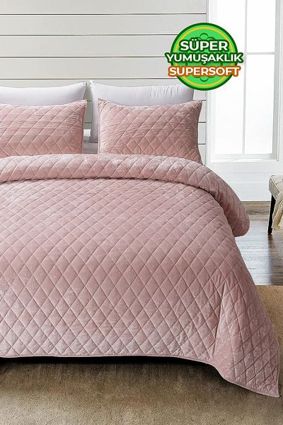 Evlen Home Collection Quilted Velvet Bed Cover Set Double Supersoft 3 Pieces Soft Fiber Filled Powder