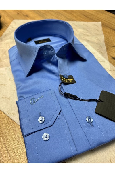 Chamis Slimfit Dark Blue Satin Long Collar Shirt