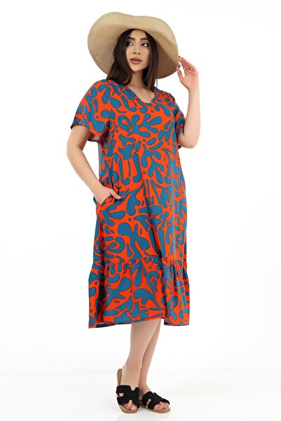 SCHIK Women's Viscose Half Sleeve V-Neck Pocket Ruffle Dress Orange