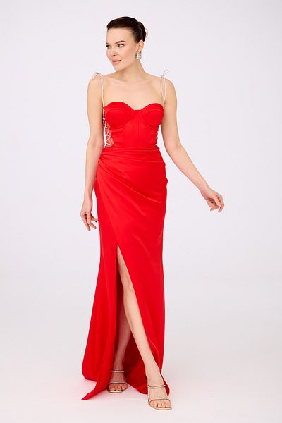 Carmen Red Satin Tied Long Evening Dress and Invitation Dress