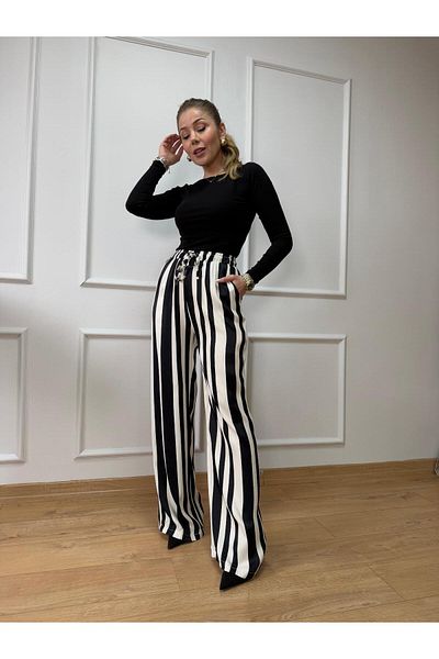 Size Özgü Ecru Black Striped Trousers