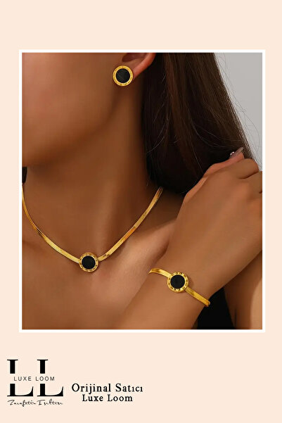 Luxe Loom Zarafetin Işıltısı Kadın Kararmayan Çelik Gold Roma Rakamlı Siyah Mineli İtalyan Ezme Kolye Bileklik Küpe Seti 001