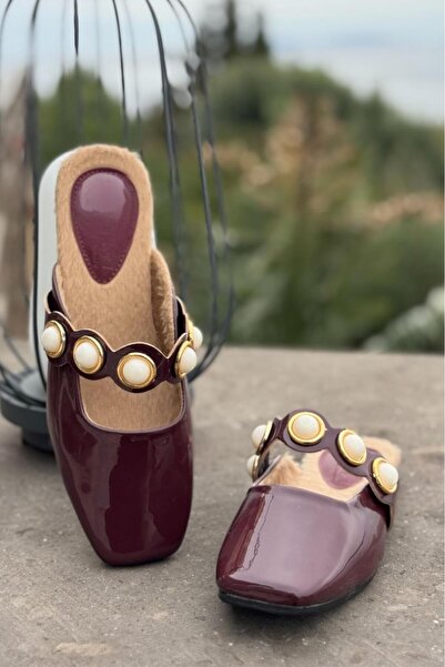 Melissa Boutique Women's Burgundy Patent Leather Pearl Detailed Soft Sole Ballerina Slippers