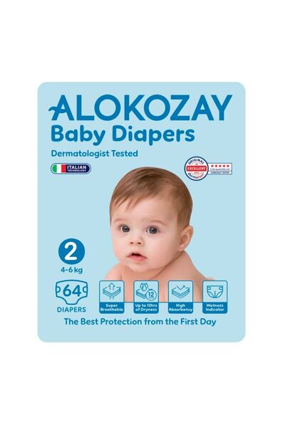 Alokozay حفاضات أطفال فاخرة - مقاس ٢ (٤-٦ كجم) - ٦٤ حفاضة