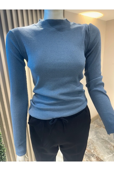 mor butik MOR BUTİK ЖІНОЧИЙ ІНДИГО СТРАПОВИЙ ВИСОКИЙ КОМИР ДОВГІ РУКАВИ ЕЛАСТИЧНИЙ БЛУЗ