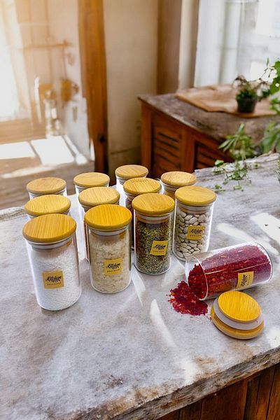Kitchen Way Bamboo Gasket 12 Li Glass Jar Set 125ml Borosilicate Spice Food Storage Set