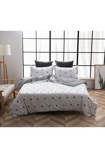 COOYA 3 Piece White Duvet Cover Set, Queen Size Lovely Heart-Shaped/Striped Pattern, Luxury Bedding Set