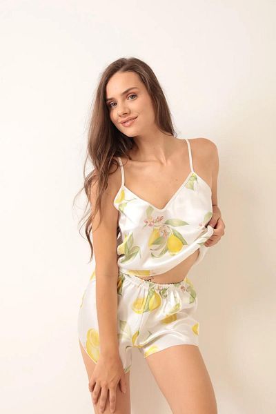 DoDe Flora Lemon Patterned Satin Pajama Set - with Rope Straps and Shorts, Love Secret 4014