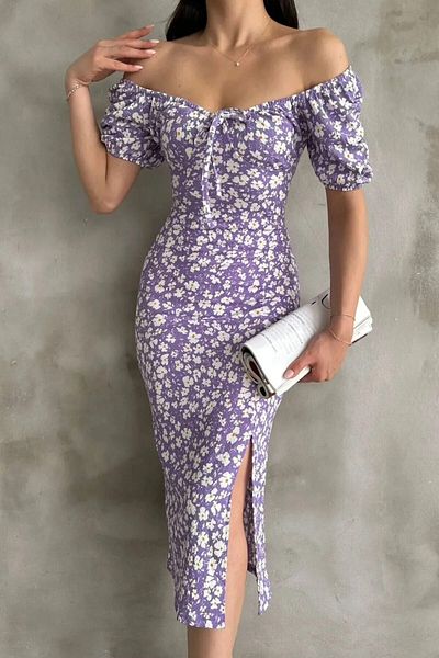 KaSheHa Summer Floral Patterned Slit Dress 119 cm