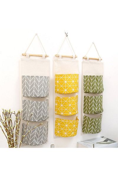 Creatiees Set of 3 Hanging Organizers, Textile/Wood, Multicolor, 30 X 67 Cm