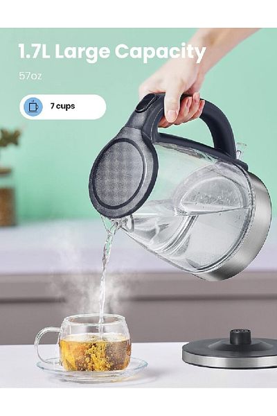 COOYA Glass Electric Tea Kettle,1.7L,with LED Indicator,2200W Fast Boil,Auto Shut-Off,Boil-Dry Protection