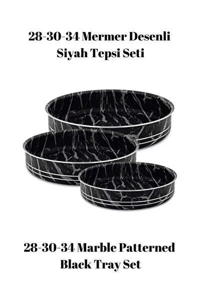 Bonera Montella 3'lü Mermer Desenli Siyah - Beyaz Tepsi (28-30-34 CM)