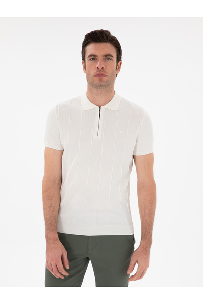 Cacharel Beyaz Slim Fit Nervürlü Fermuarlı Polo Yaka Triko T-shirt 50309871-V...