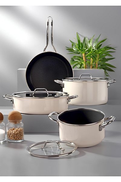 Bonera Lilium Cream 7 Piece Enamel Pot & Pan Set