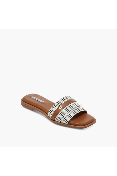 ELLE Women's Textured Slip-On Sandals with Metal Accent