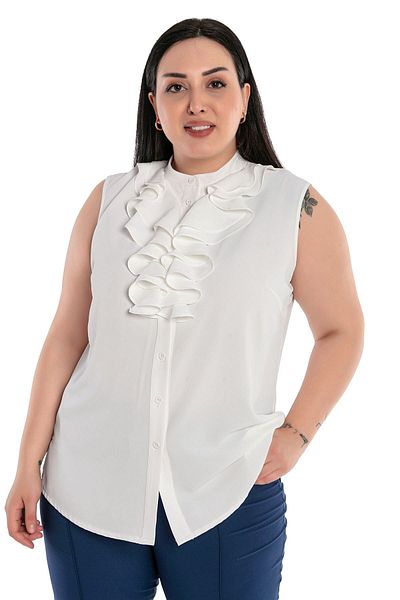 DISENTIS MODEST Plus Size Two Layers Flounces Buttoned Sleeveless White Shirt
