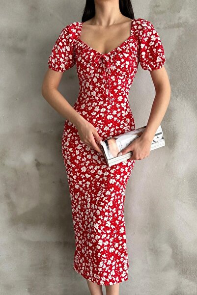 KaSheHa Yazlık Çiçek Desenli Yırtmaçlı Elbise 119 Cm