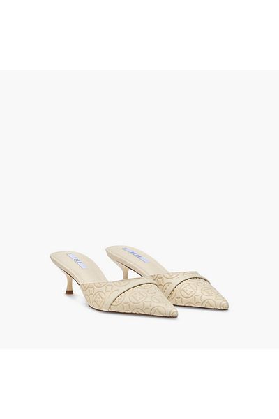 ELLE Women's Monogram Detail Slip-On Mules with Kitten Heels