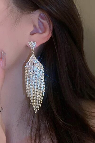 TAKIŞTIR Altın Renk Taş Detaylı Sallantılı Abiye Küpe (Çift)