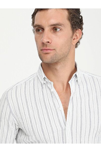 Kip Cămașă pentru bărbați cu mânecă lungă, slim fit, alb-albastru marin GM-4596