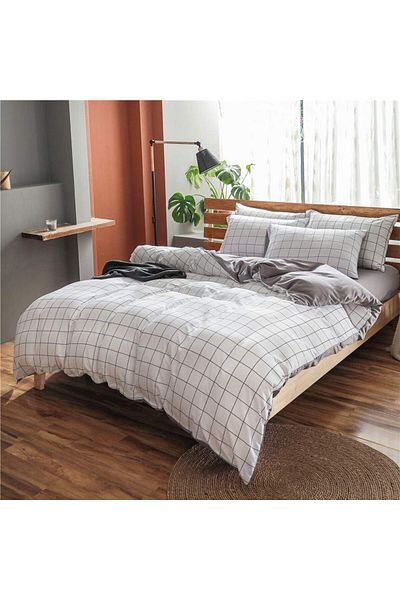 COOYA Twin Duvet Cover Set Grid White, Kids Washed Soft Bedding Set Lightweight Comforter Cover Set(4PCS)