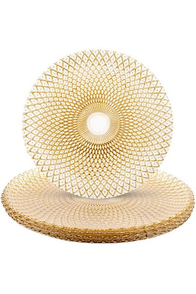 COOYA American Style Glass Mat Plate, Pineapple Pattern Electroplating Process Dinner Plate (Glass, Gold)