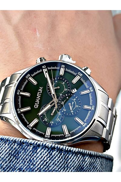 Quantum Function Silver-Green Color Men Wrist Watch 10 Atm Waterproofness Steel Case Adg958Sz
