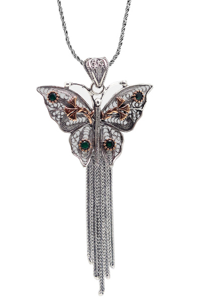 Midyat Nurtaş Gümüş Zümrüt Taşlı Kelebek Model Oksitli Telkari Kadın Gümüş Ko...