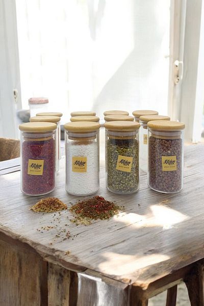 Kitchen Way Bamboo Gasket 12 Li Glass Jar Set 125ml Borosilicate Spice Food Storage Set
