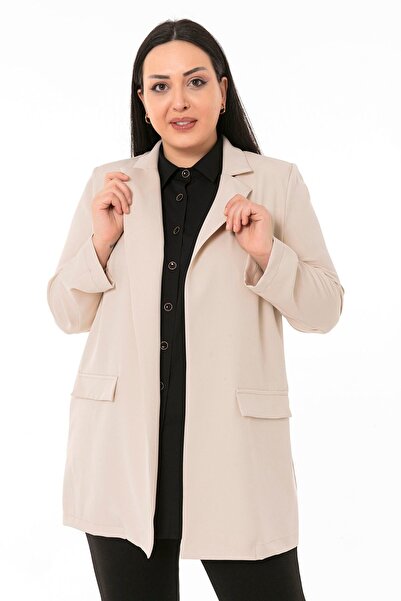 DISENTIS MODEST Μονόχρωμο γιακά διακοσμητικό μπεζ γυναικείο μπουφάν χωρίς επένδυση με κάλυμμα τσέπης