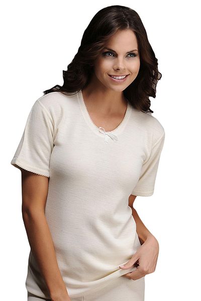 Hasyün Women's Merino Wool Short Sleeve Interlock Collar-sleeve Embroidered Undershirt