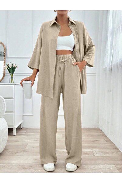 onlymoon Kadın giyim,bej bürümcük kumaş gömlek-pantolon takım,ikili takım,TES...