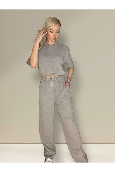 Oyga Women's Shirt Collar Top Crop Pants Double Bottom Top Set