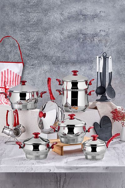 Bonera Monza 25-Piece 18/10 Steel Pot Set with Induction Base Loop, Gloves and Ladle Set as a Gift