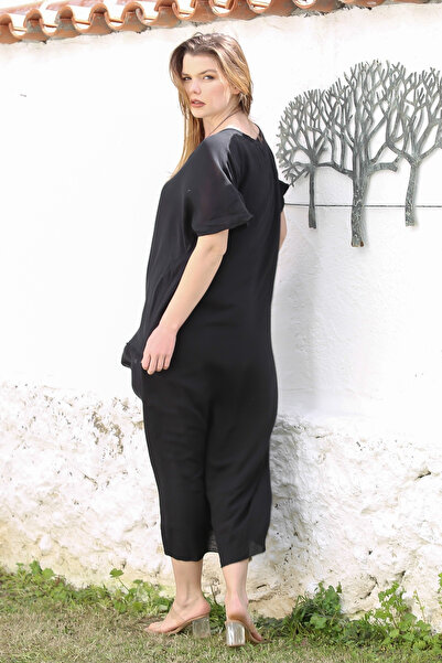 Chiccy Μαύρο casual φόρεμα - κοντό μανίκι & κοντό γιακά, διπλή στρώση ύφανσης