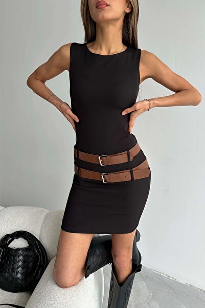 Eka Γυναικείο μαύρο φόρεμα με διπλή ζώνη 1007- 242401