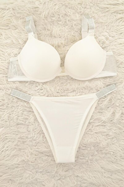 Cansoy Diva Destekli Double Push Up Ekru Taşlı Sütyen Takımı
