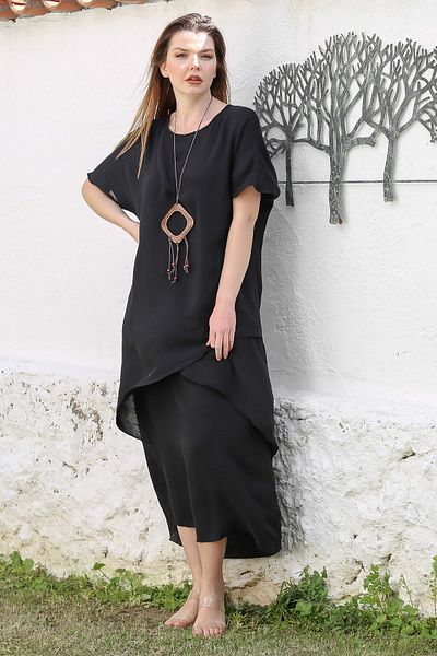 Chiccy Black Casual Dress - Short Sleeve & Short Collar, Double Layer Woven