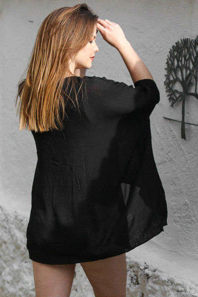 Chiccy Μαύρη Oversize Μπλούζα - Casual Λεπτή Επενδεδυμένη Διπλή Στρώση 75-85